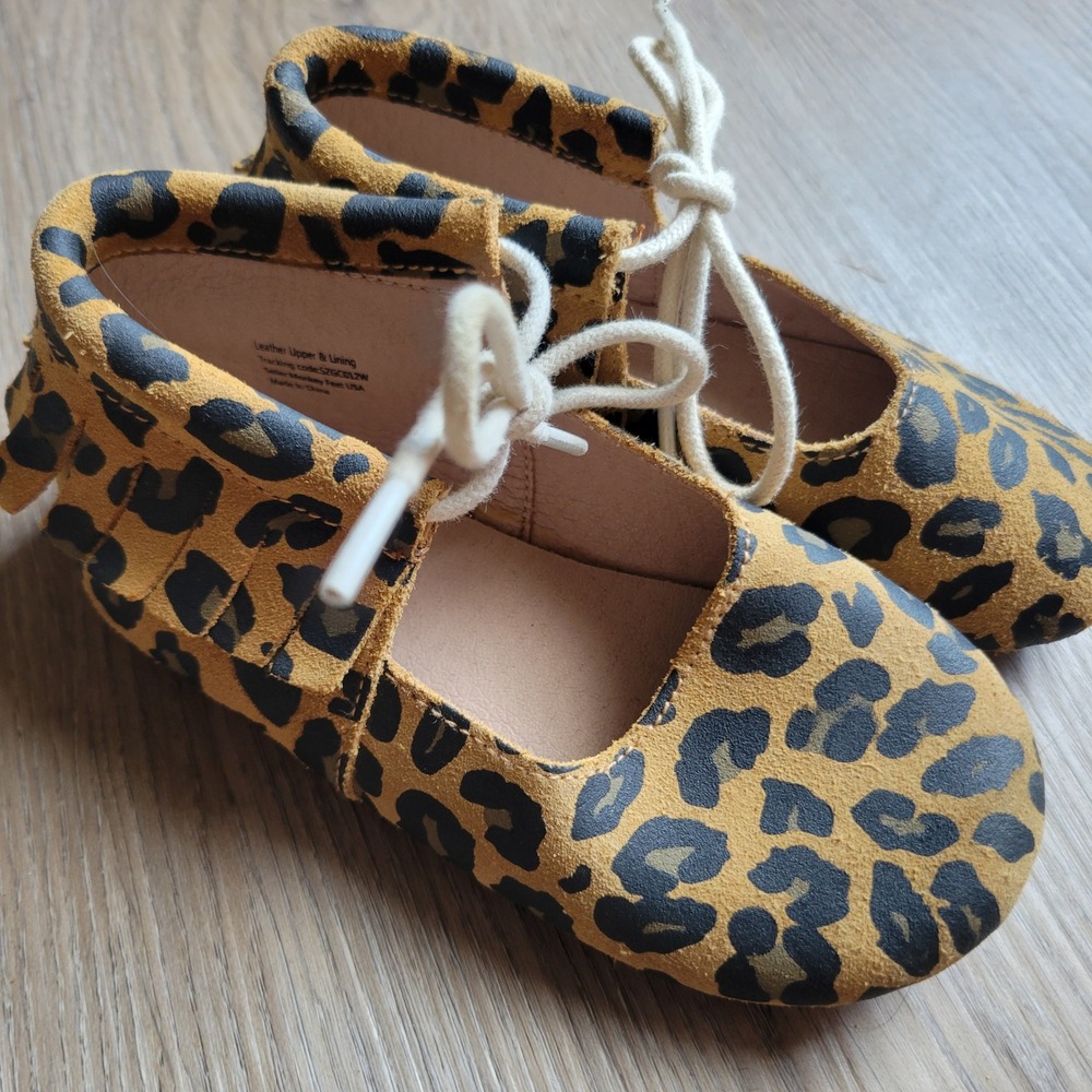 Monkey Feet Kids Moccasins 3-4Y Tan Leopard Leather Fringe Boho Shoes